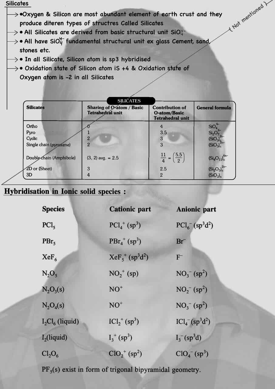 11. Chemical Bonding/Chemical Bonding and Molecular structure/Silicates/Table for Silicates,Sharing of O-atom or Basic Tetrahedral unit,Contribution of O-atom or Basic tetrahedral unit and general formula/Hybridisation of Ionic solid species/Table for Species,Cationic part and anionic part.