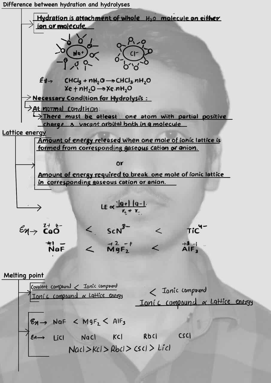 13. Chemical Bonding/Chemical Bonding and Molecular structure/Difference between hydration and hydrolysis/Necessary condition for hydrolysis/Lattice energy/Melting point.