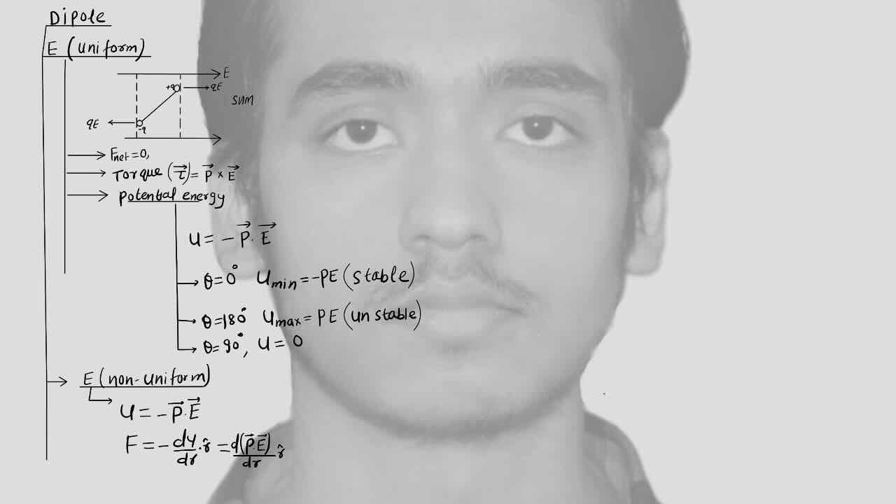 13. Electrostatics/Dipole/Torque due to uniform dipole/Potential energy due to uniform dipole/Potential energy due to non-uniform dipole.