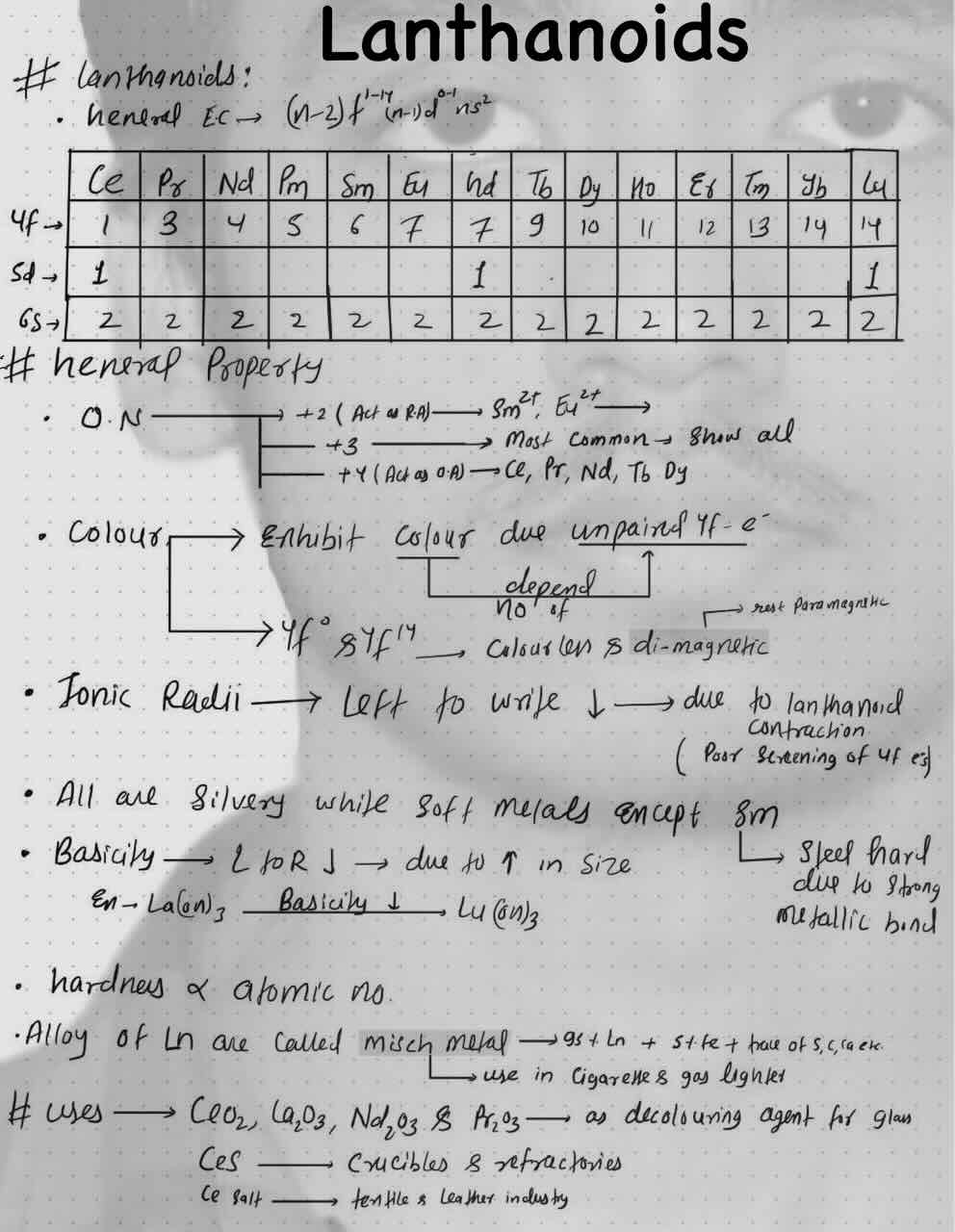 1. F-Block/Lanthanoids/General electronic configuration/General property/Oxidation number/Colour/Ionic radii/Silvery white soft metal/Basicity/Hadrness/Alloy/Misch metal/Uses of Lanthanoids.