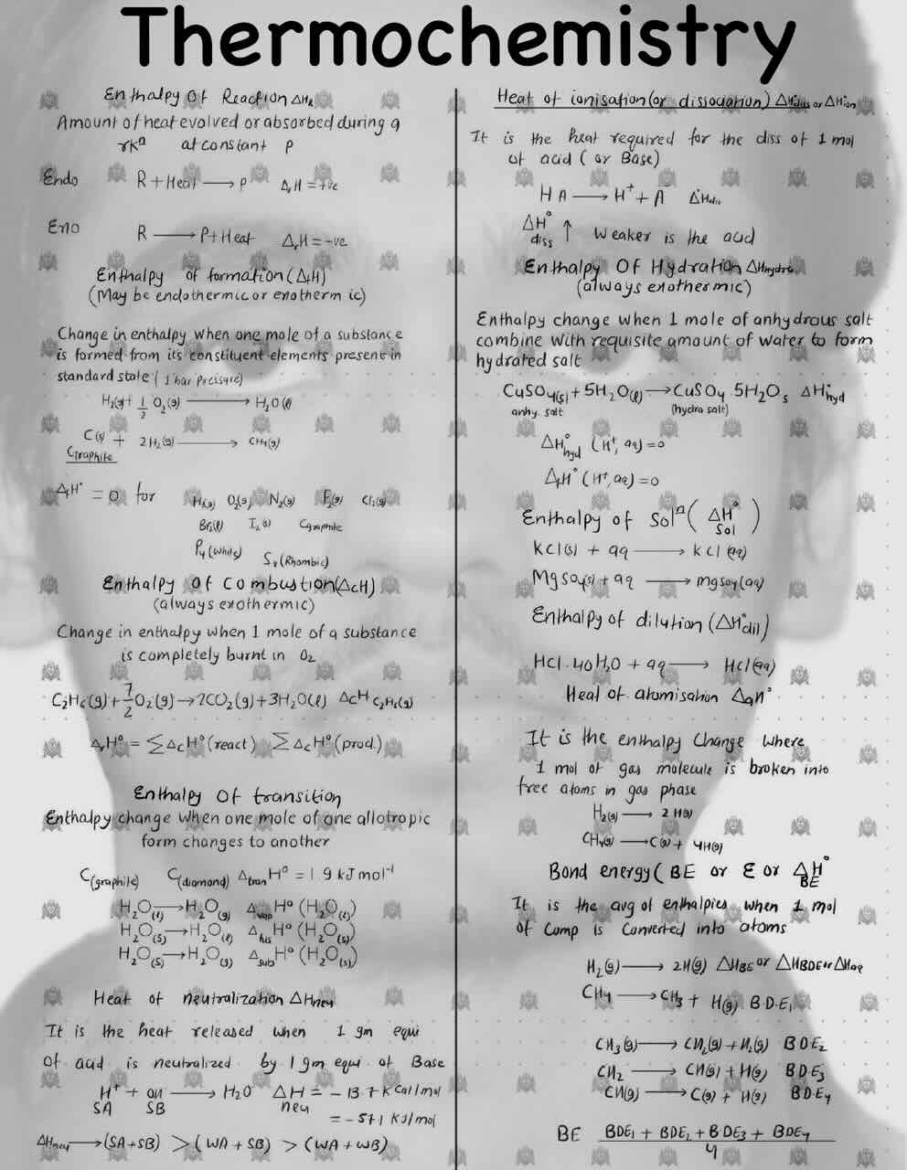 1. Thermochemistry/Enthalpy of reaction/Enthalpy of formation/Enthalpy of combustion/Enthalpy of transition/Heat of neutralization/Heat of ionisation or dissociation/Enthalpy of Hydration/Enthalpy of Solution/Enthalpy of Diluation/Heat of atomisation/Bond energy.