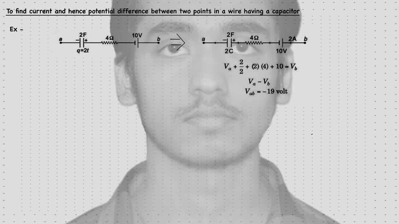 19. Capacitors/To find current and hence potential difference between two points in a wire having a Capacitor.