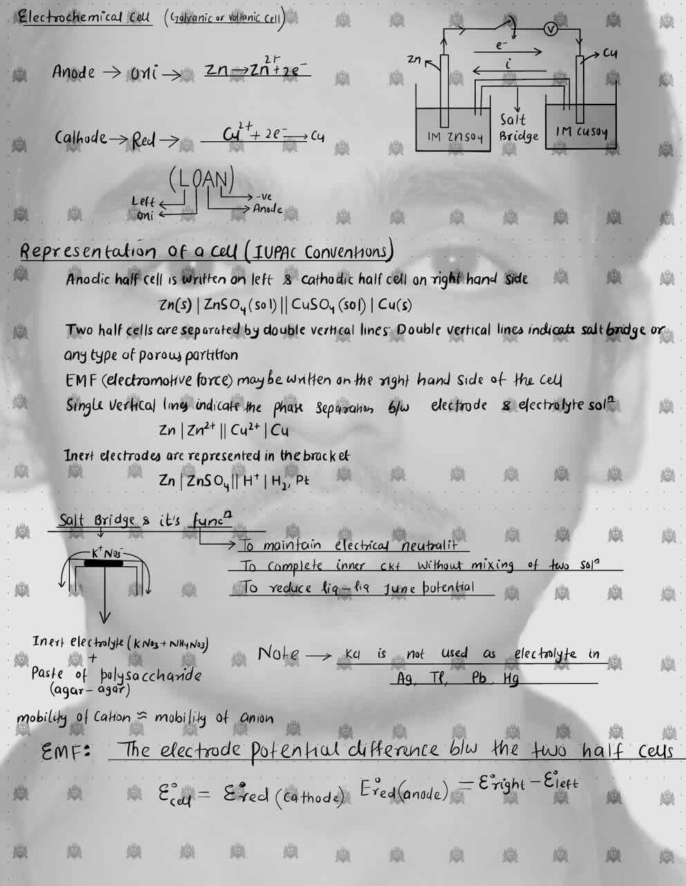 2. Electrochemistry/Electrochemical cell/Representation of a cell (IUPAC Conventions)/Salt bridge/Salt bridge function/EMF.