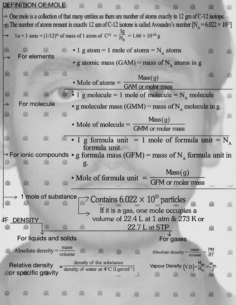 2. Mole concept/Definition of mole/Definition of mole for elements ,for molecule, for ionic compounds/for 1 mole of substances/Density/Relative density or specific gravity/Absolute density.