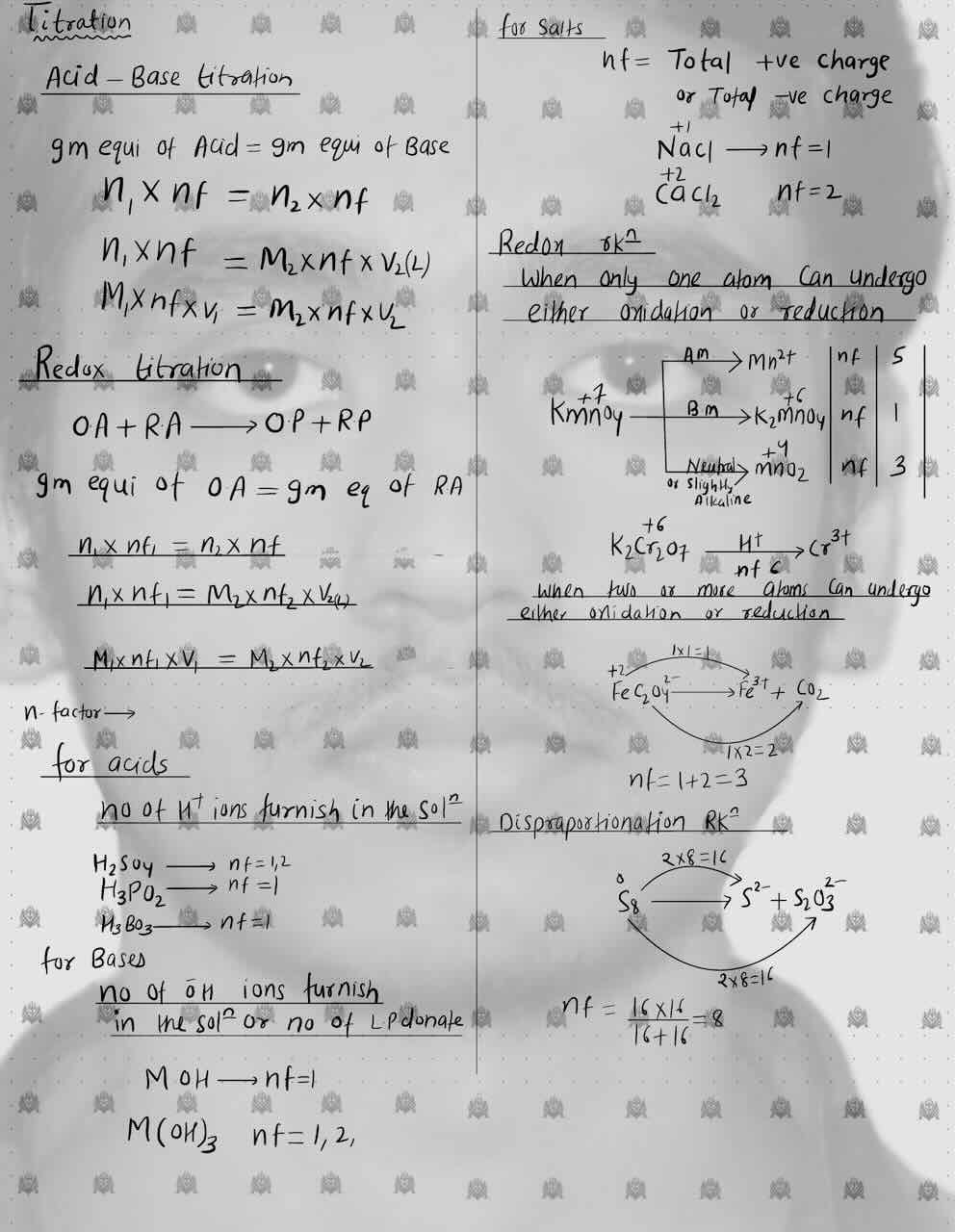 2. Redox reaction/Oxidation and reduction/Titration/Acid -Base Titration /Redox Titration/Redox reaction/Disproportion reaction.