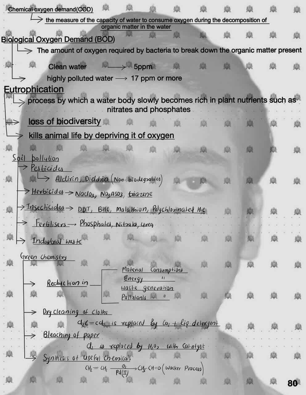 3. Environmental chemistry/Chemical oxygen demand or COD/Biological oxygen demand or BOD/Eutrophication/Soil pollution/Pesticides/Herbicides/Insecticides/Fertilizers/Industrial waste/Green chemistry/Green chemistry.