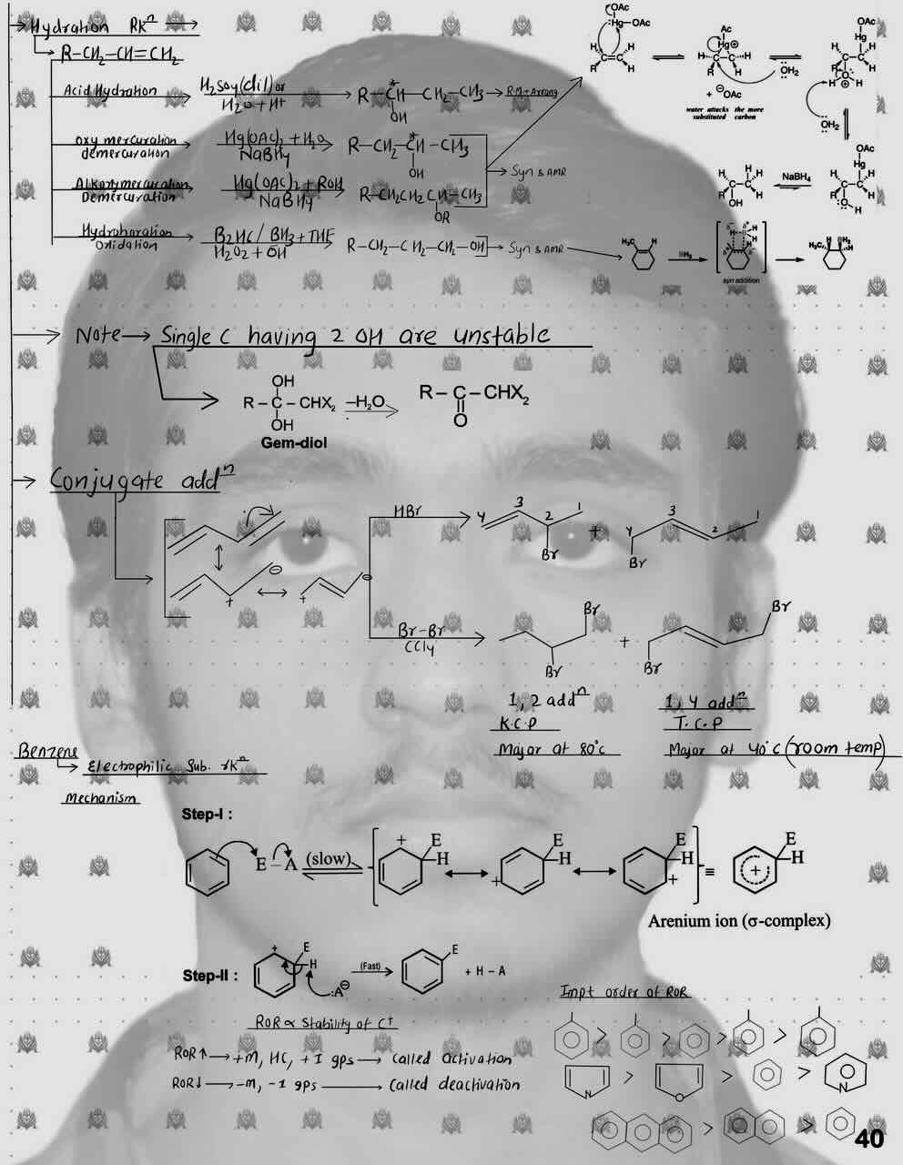 4. Hydrocarbon/Reaction of alkene and alkyne[Acid hydration;oxymercuration and demercuration;alkoxymercuration and demercuration;hydroboration reaction]/Conjugate addition/Benzene/Reaction of benzene/Electrophilic substitution reaction.
