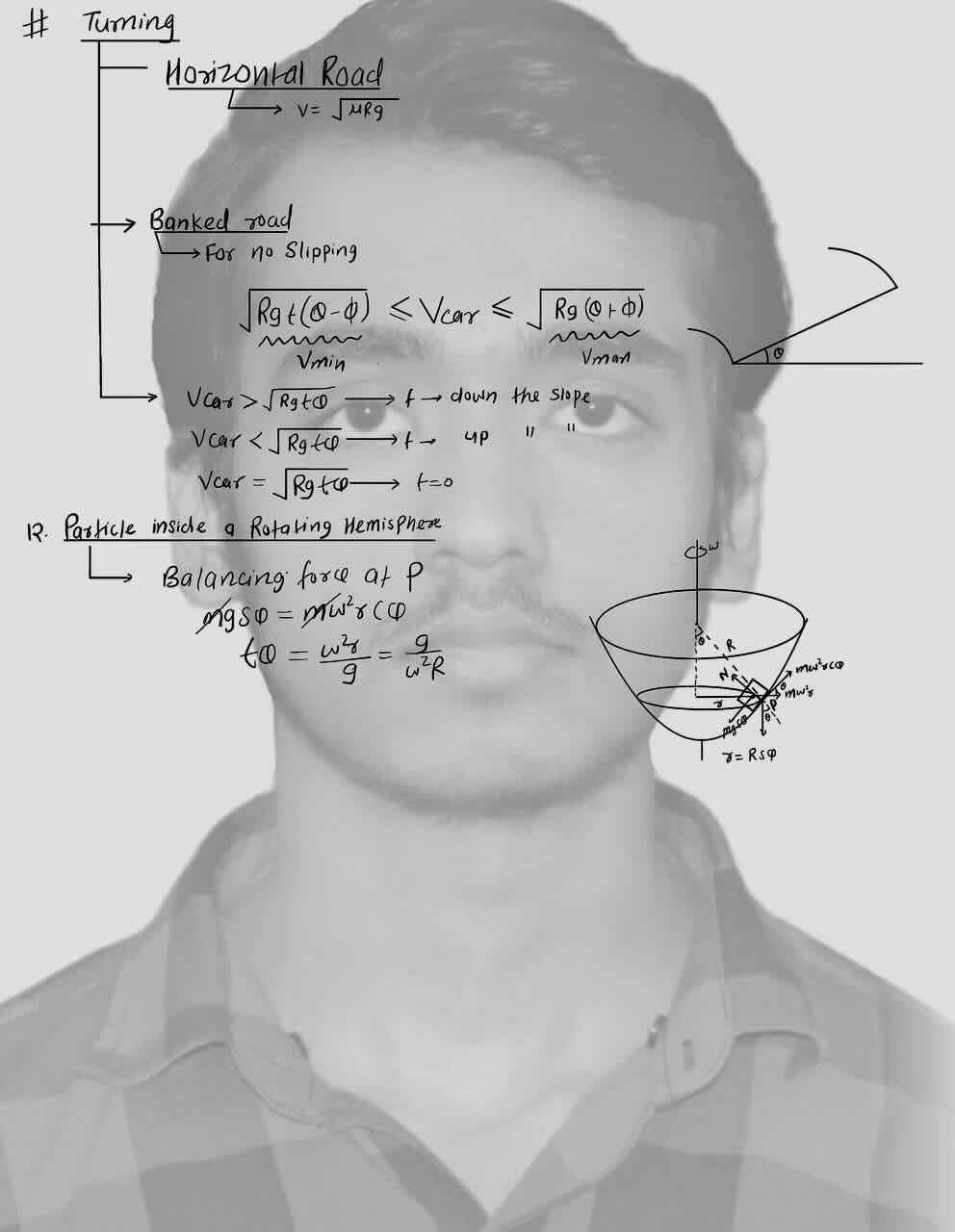 5. Circular motion/Turning/Horizontal road/Banked road/Particle inside a rotating hemisphere.