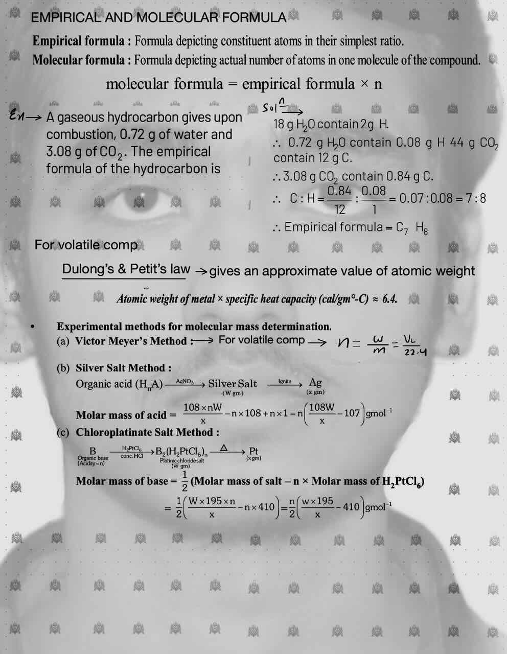 5. Mole concept/Empirical and Molecular formula/For volatile compound/Dulong's and Petit's law/Experimental methods for Molecular mass determination/Victor Meyer's method/Silver salt method/Molar mass of acid/Chloroplatinate salt method/Molar mass of base.