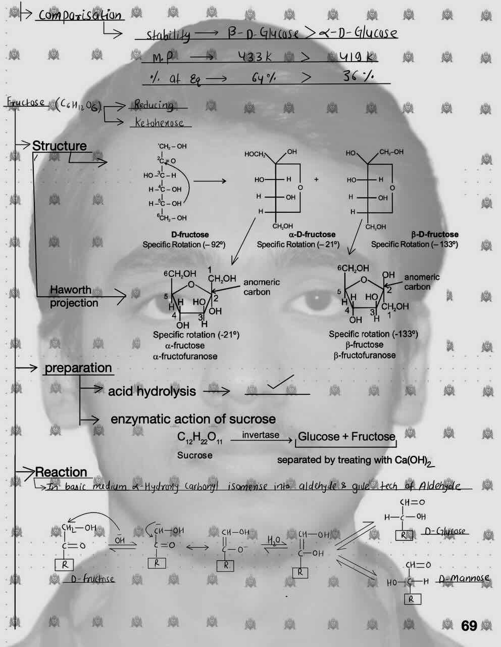 6. Biomolecules/ Monosaccharide/Comparsion of different form of glucose/Fructose/Structure of fructose/Haworth Projection structure of fructose/Prepartion of fructose/Reaction of fructose in basic medium.