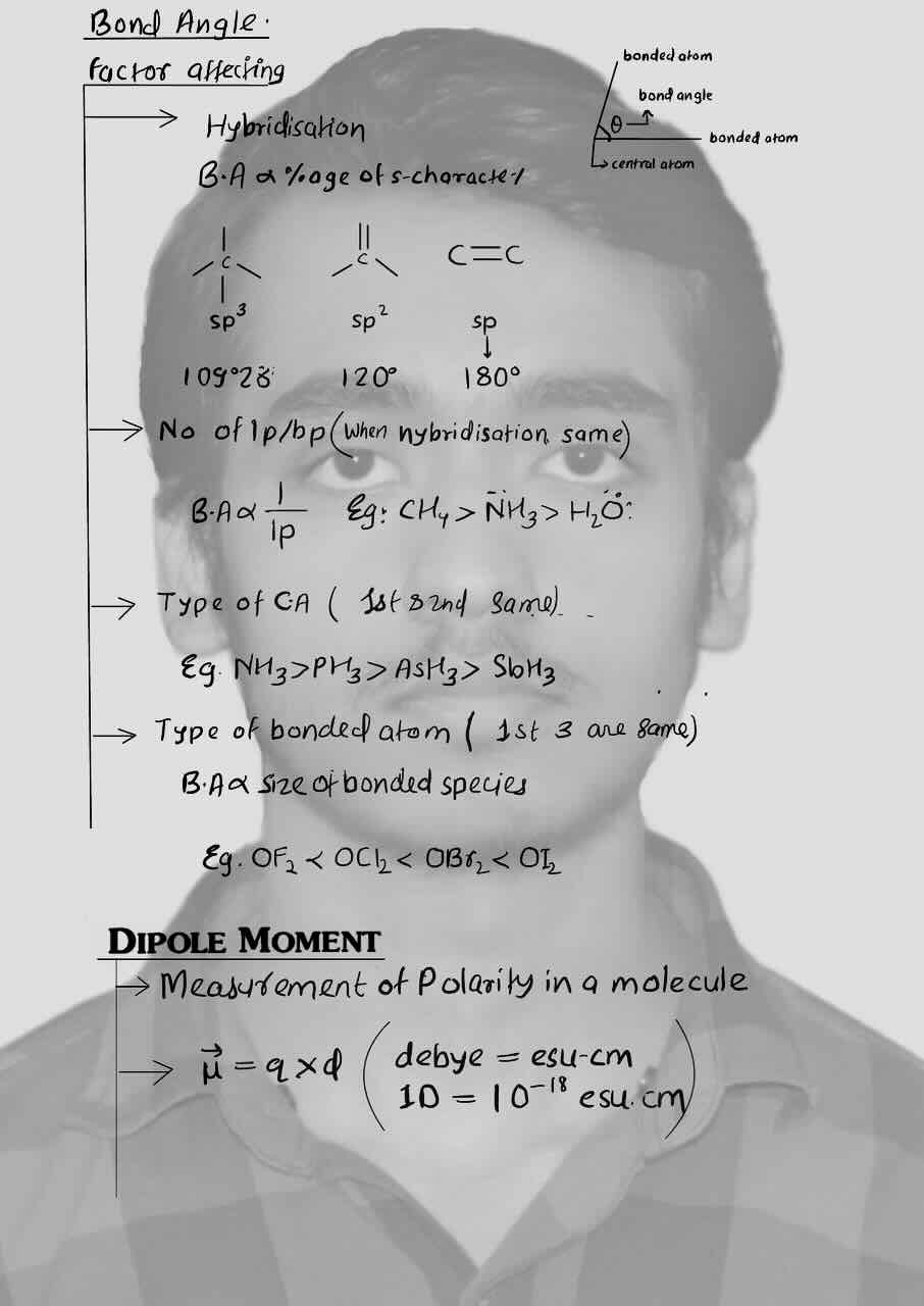 6. Chemical Bonding/Chemical Bonding and Molecular structure/Bond angle/Factor affecting bond angle[ Hybridisation,No. of lone pair and bond pair,type of central atom ,type of bonded atom]/Dipole moment.