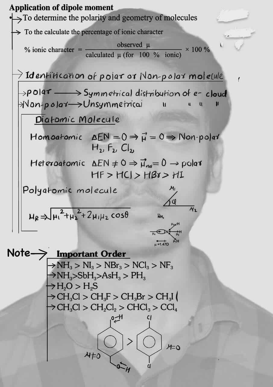 7. Chemical Bonding/Chemical Bonding and Molecular structure/Dipole moment/ Diatmoic molecule [Homoatomic ,Heteroatomic and polyatomic molecule]/Important order of dipole moment/Application of dipole moment.