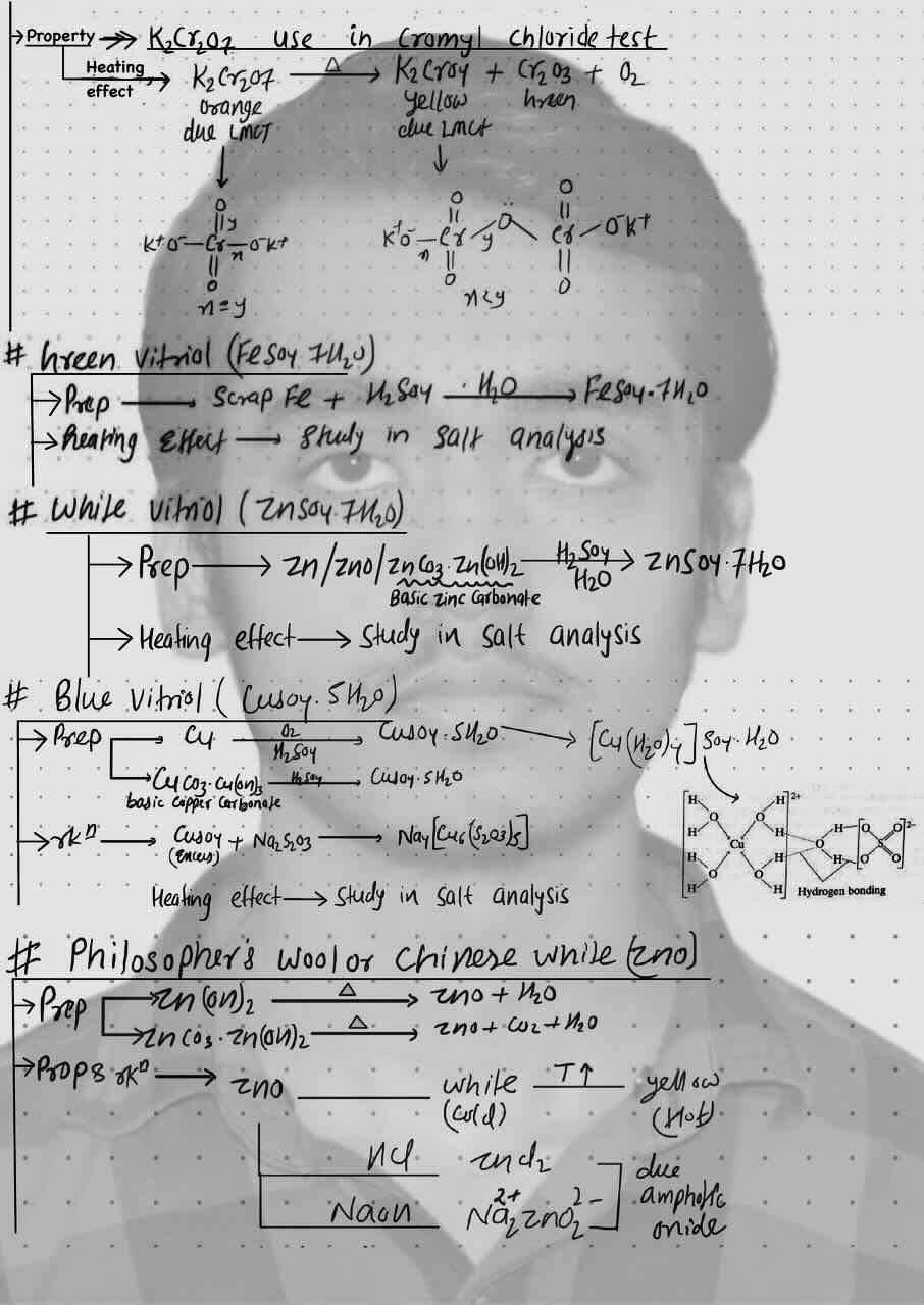 7. D- Block/Chromate-Dichromate preparation/Green- vitriol/White vitriol/Blue vitriol/Philosopher's woolor chinese white (ZnO).