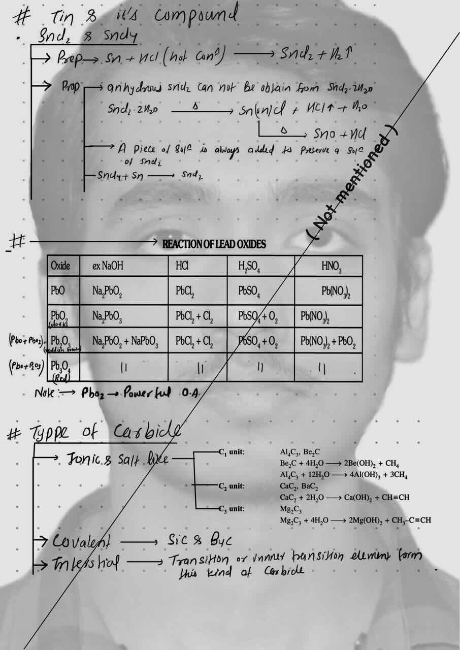7. P-Block/Tin and it's compound/Preparation and property of tin compound/Table for reaction of lead oxide/Types of carbide.
