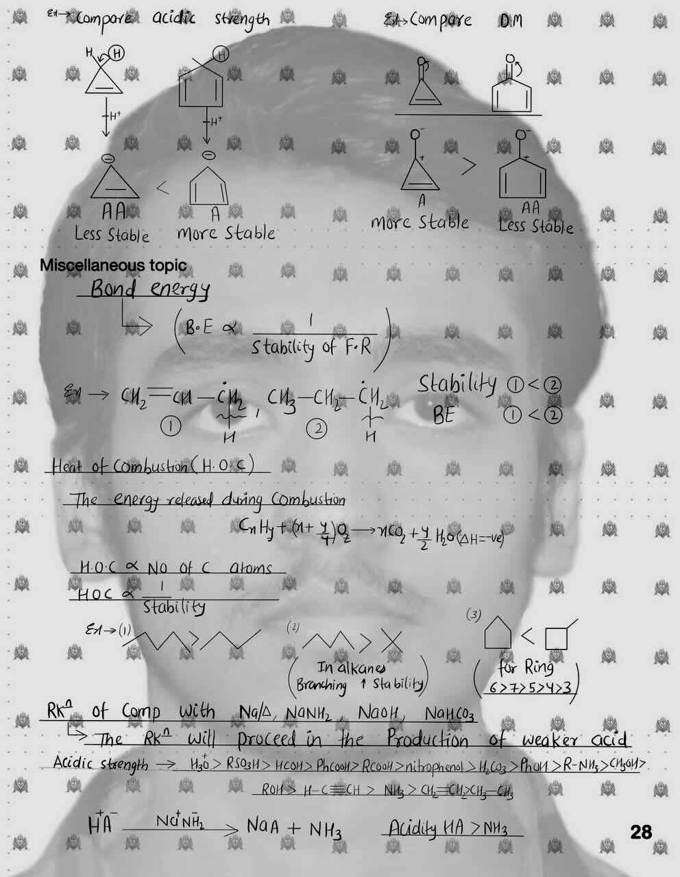 9. General organic chemistry /GOC/ Annulenes/Miscellaneous topic[Bond energy,Heat of combustion]/Reaction of compound with Na+Heat;NaNH2;Na0H;NaHCO3/ Acidic Strength